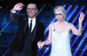 Italian hosts Carlo Conti and Maria De Filippi on stage during the 67th Festival of the Italian Song of Sanremo at the Ariston theater in Sanremo, Italy, 07 February 2017. The 67th edition of the television song contest runs from 07 to 11 February.     ANSA/CLAUDIO ONORATI
